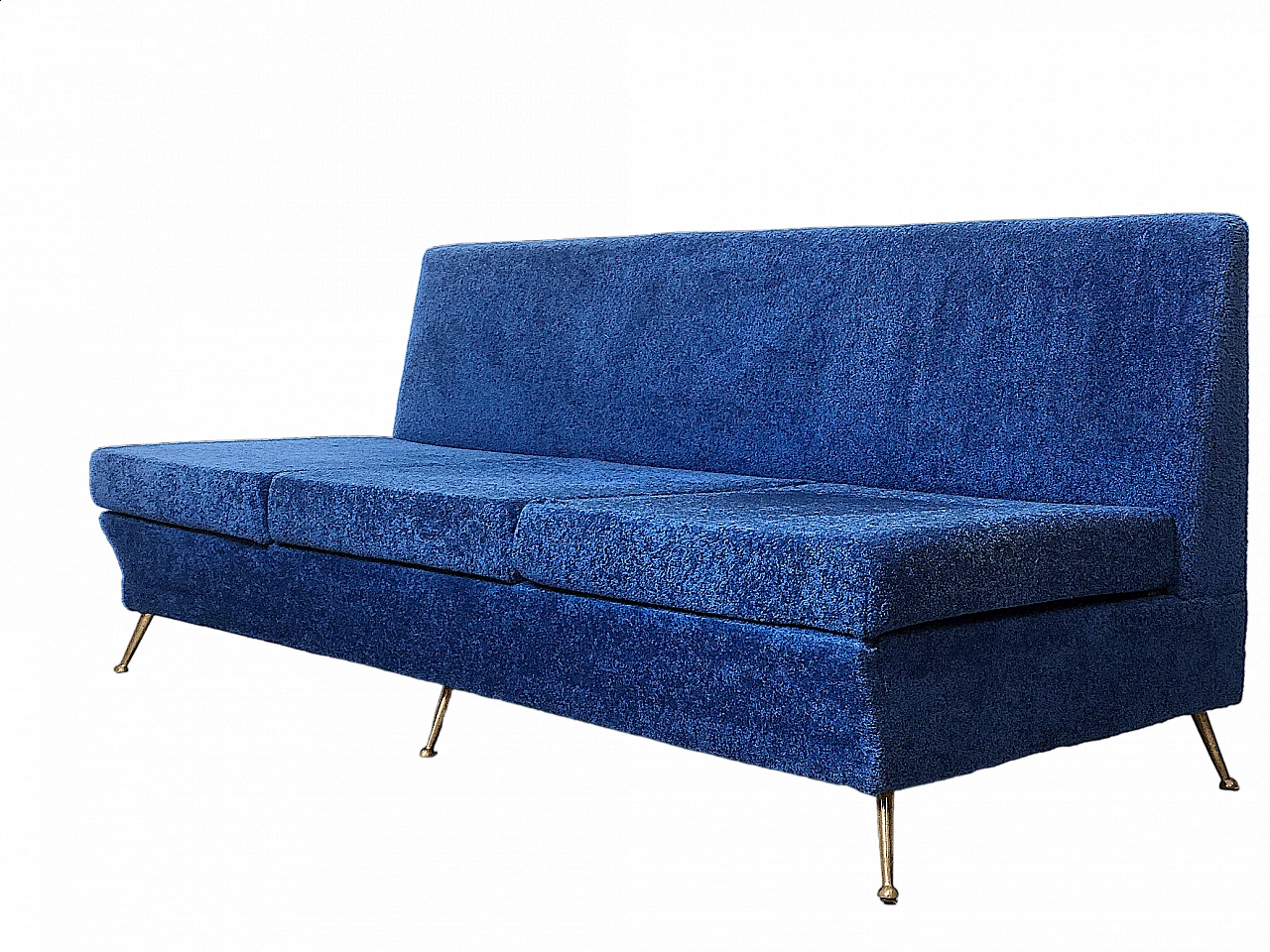 Three-seater sofa in blue fabric and brass feet, 1960s 16