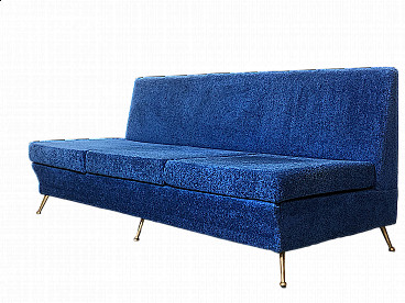 Three-seater sofa in blue fabric and brass feet, 1960s