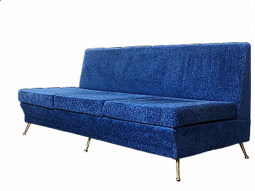 Three-seater sofa in blue fabric and brass feet, 1960s