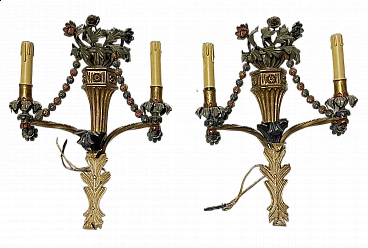 Pair of gilded wood and painted metal wall sconces, 1930s
