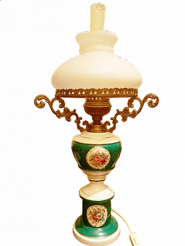 Brass, glass and porcelain table lamp, 1950s