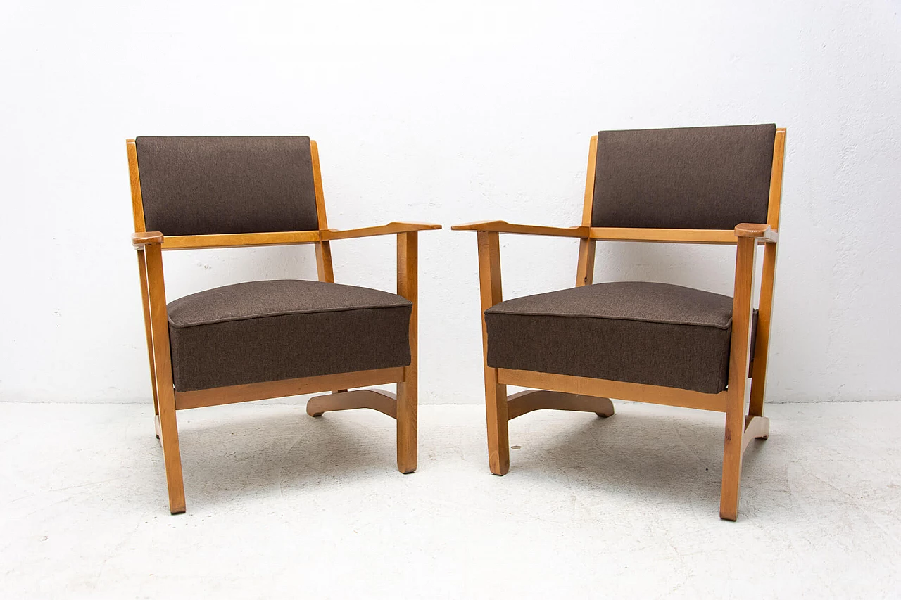 Pair of beech, ash and fabric armchairs, 1970s 2
