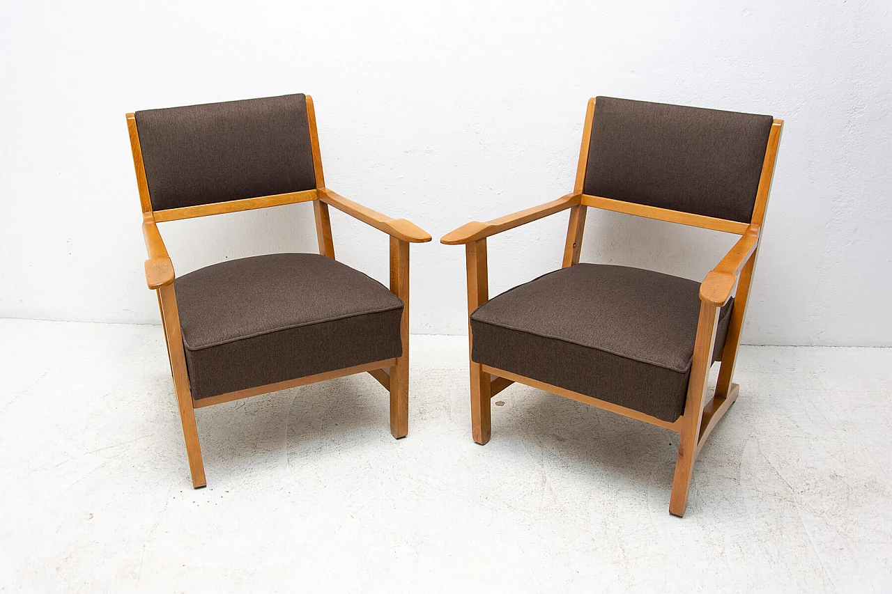 Pair of beech, ash and fabric armchairs, 1970s 3