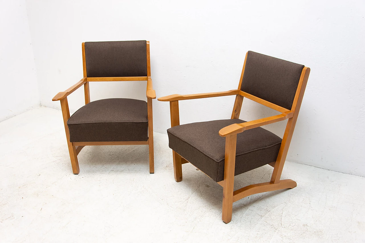 Pair of beech, ash and fabric armchairs, 1970s 4