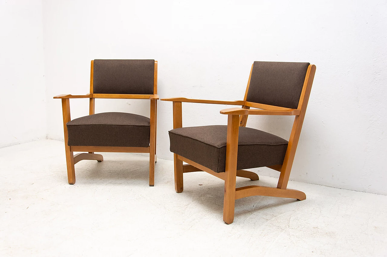 Pair of beech, ash and fabric armchairs, 1970s 5