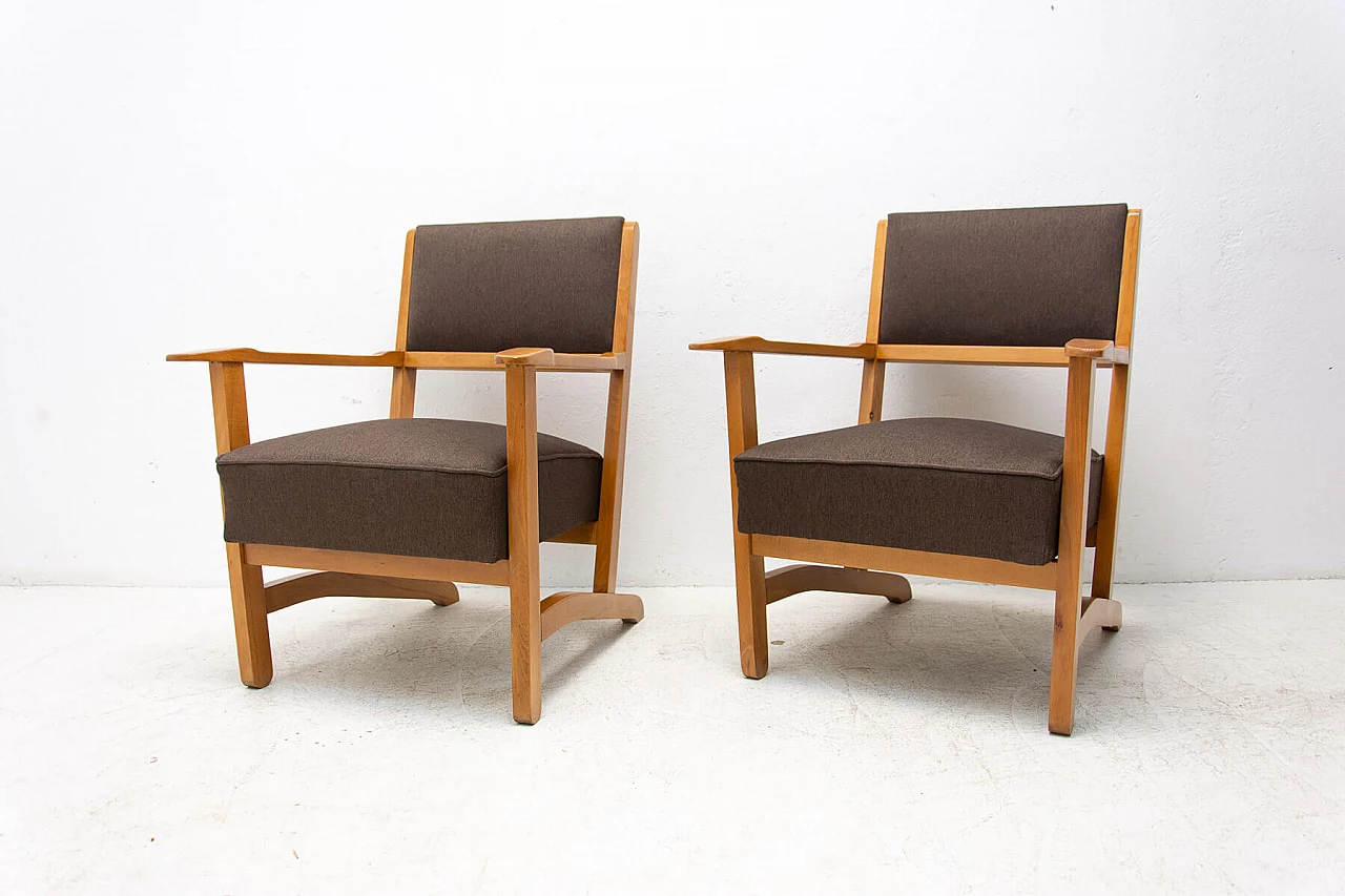 Pair of beech, ash and fabric armchairs, 1970s 6