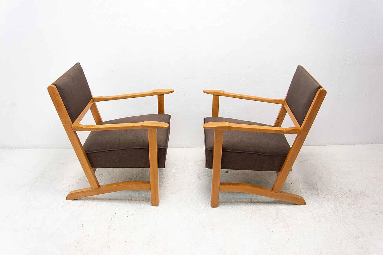 Pair of beech, ash and fabric armchairs, 1970s 8