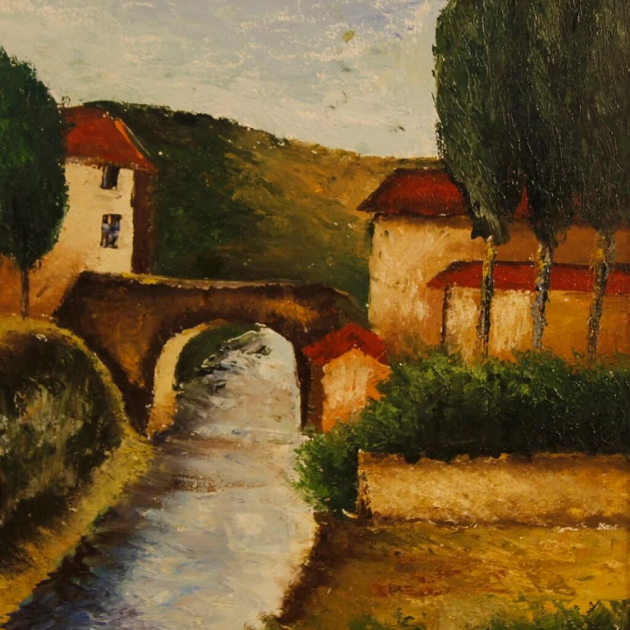 Paesaggio con fiume, ponte e case, dipinto a olio su tela 1