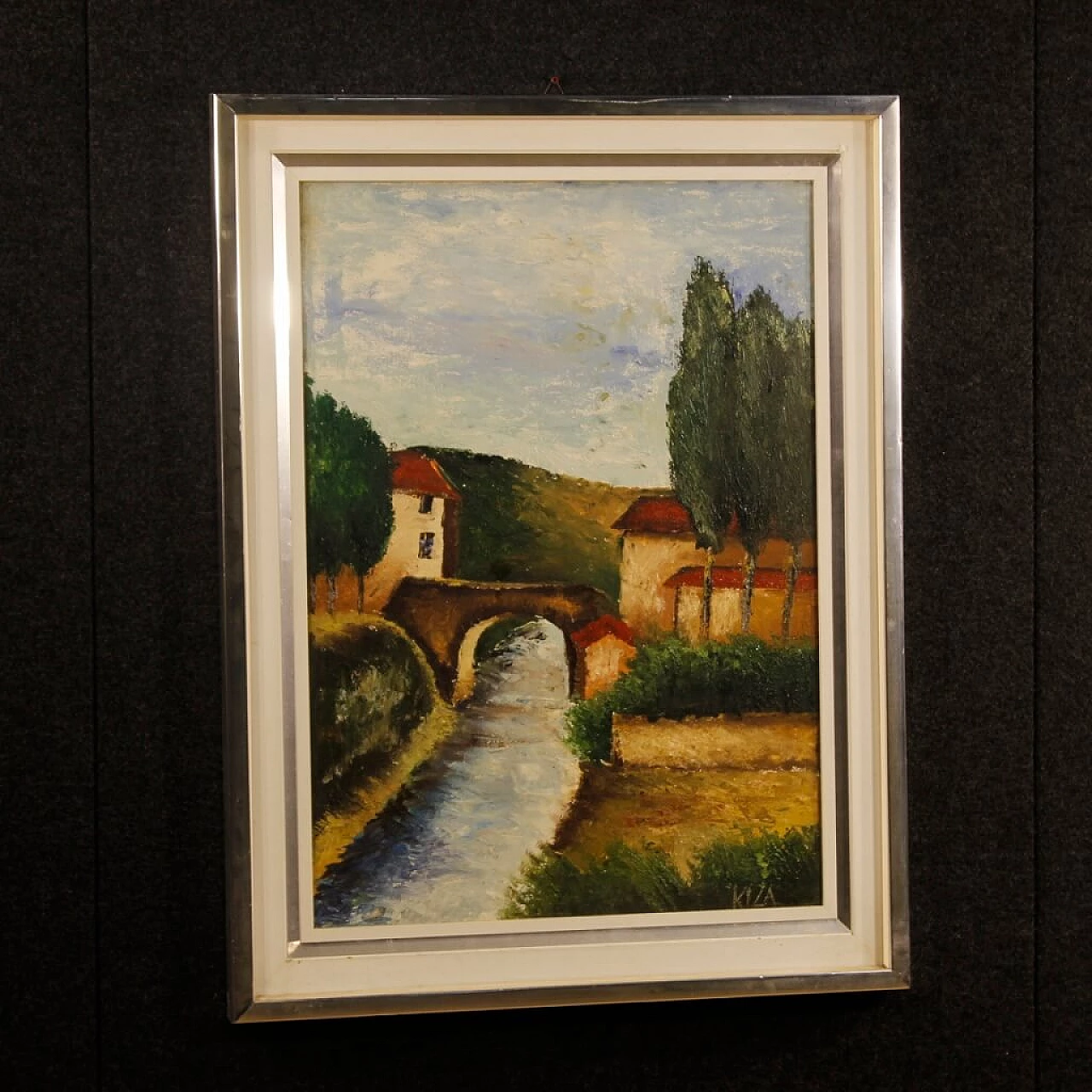 Paesaggio con fiume, ponte e case, dipinto a olio su tela 2