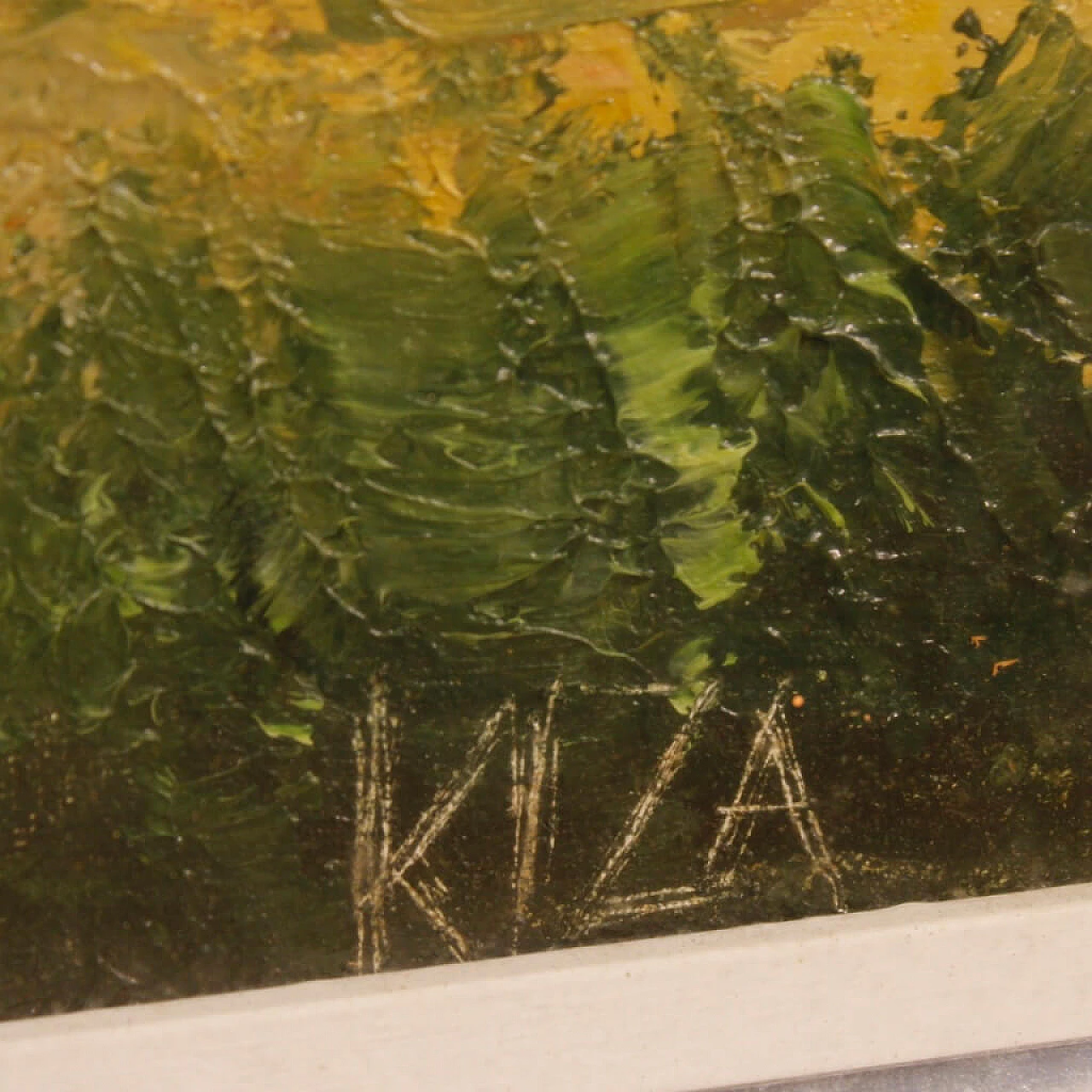 Paesaggio con fiume, ponte e case, dipinto a olio su tela 4