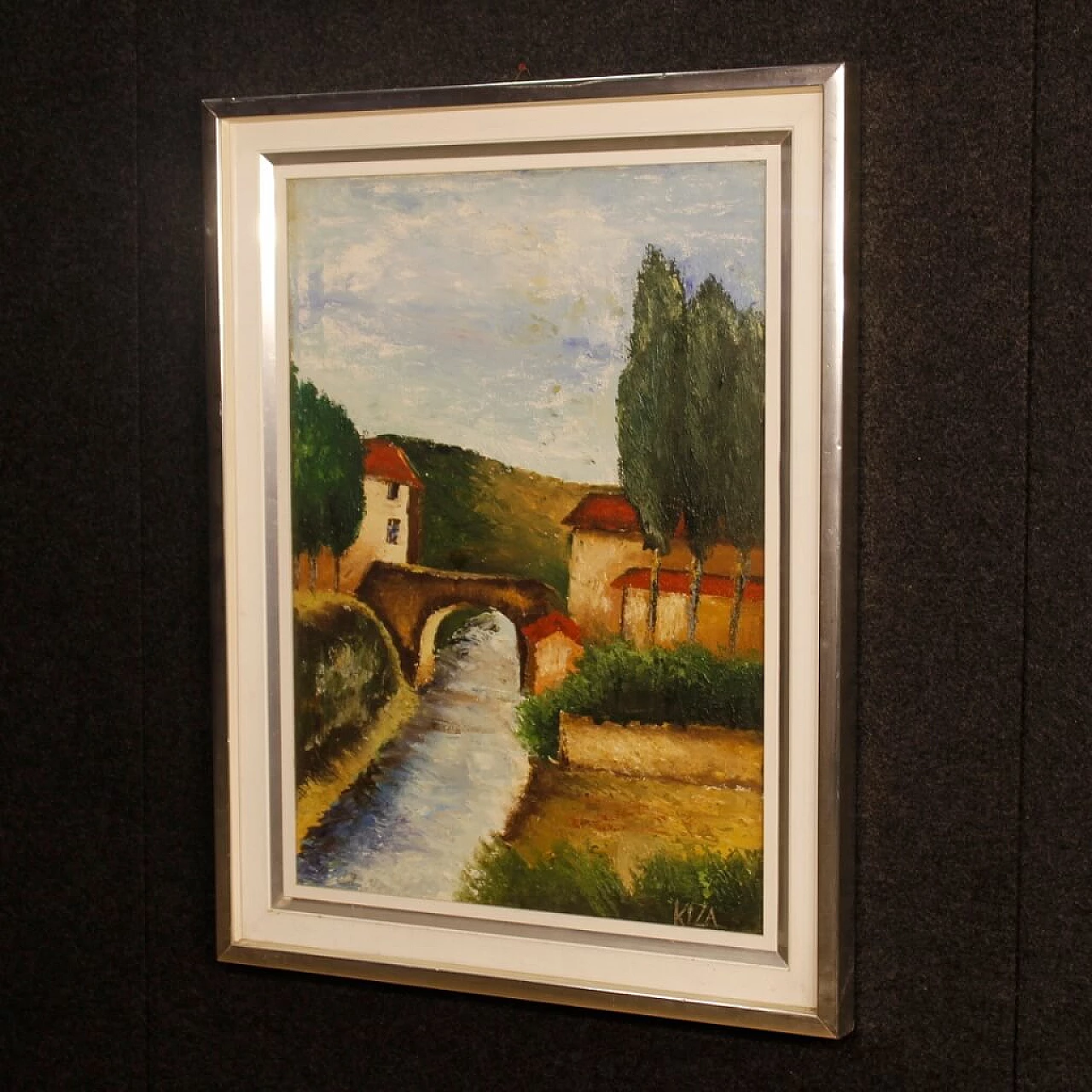 Paesaggio con fiume, ponte e case, dipinto a olio su tela 6