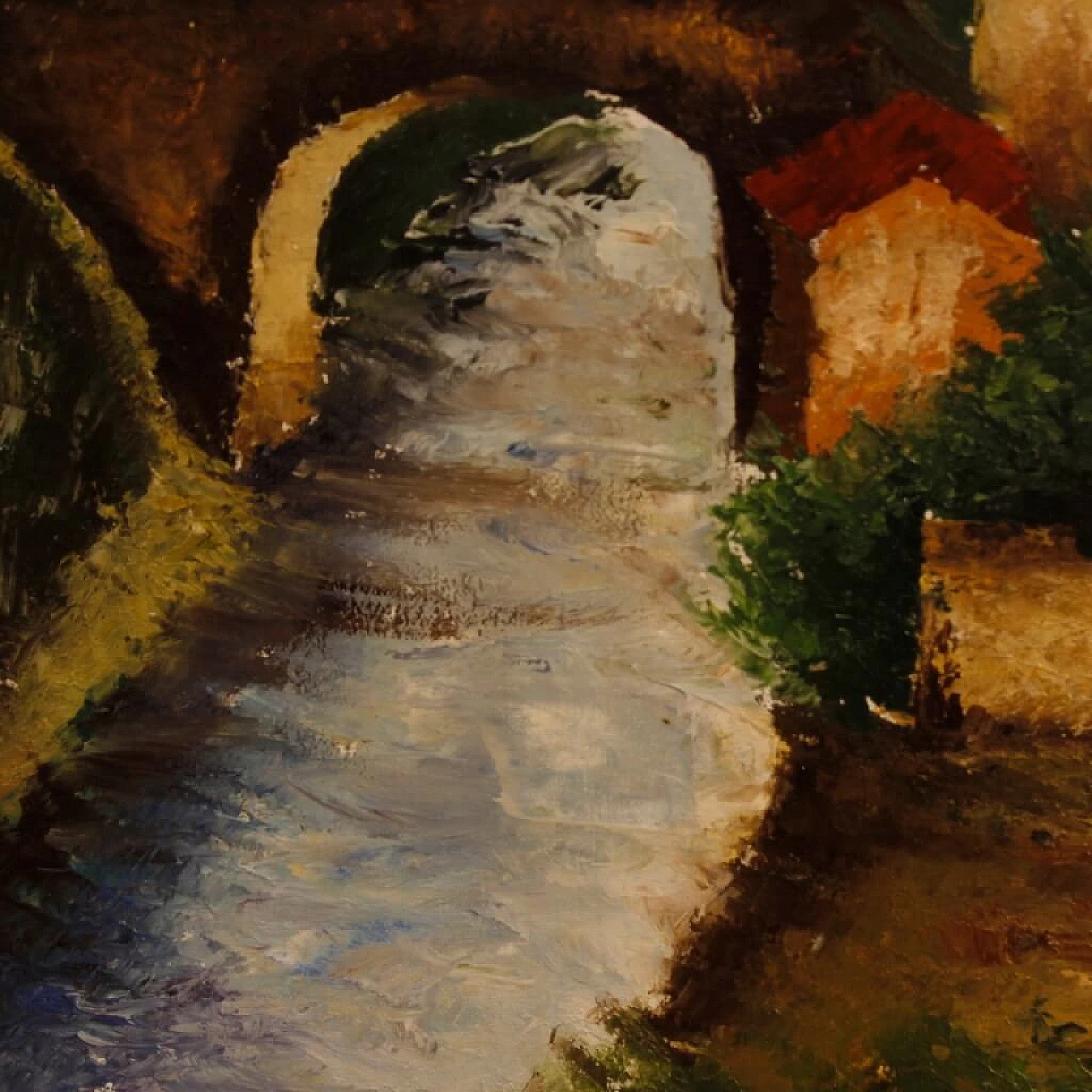 Paesaggio con fiume, ponte e case, dipinto a olio su tela 7