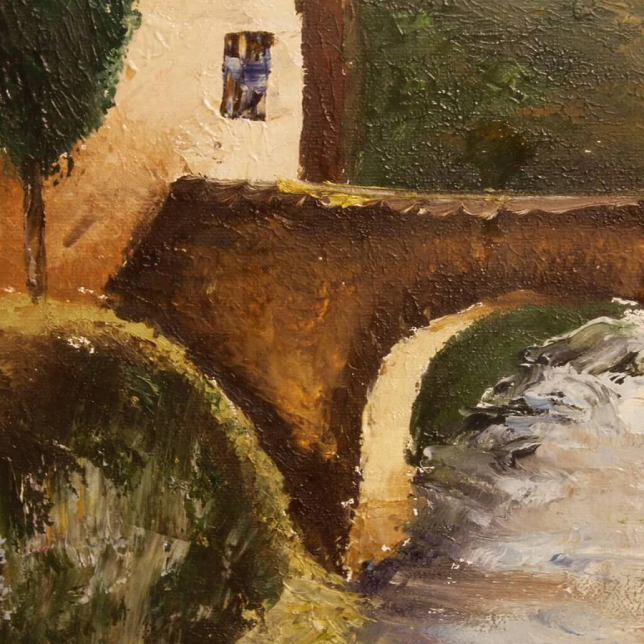Paesaggio con fiume, ponte e case, dipinto a olio su tela 12