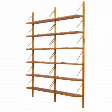 Modular wall-mounted oak bookcase with 12 shelves in the Cadovius style, 1960s
