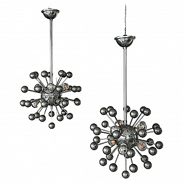 Pair of six-light chrome-plated Sputnik chandeliers, 1960s