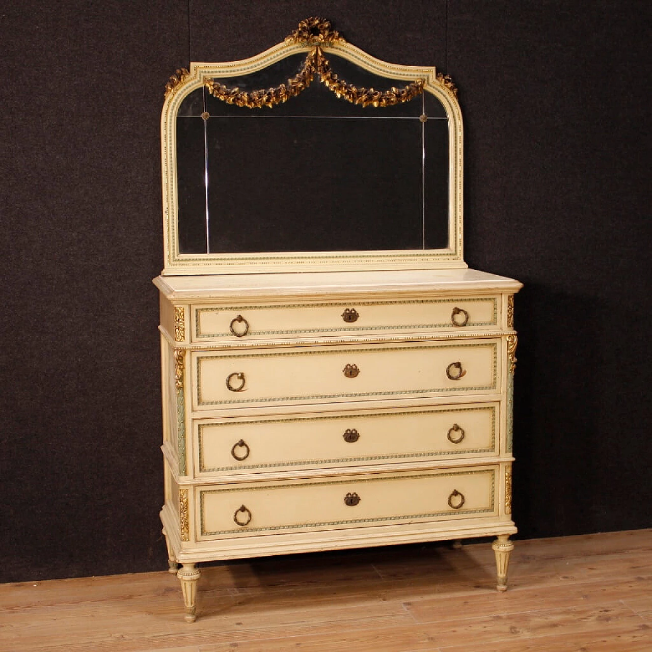 Louis XVI style lacquered and gilded wood dresser with mirror 1