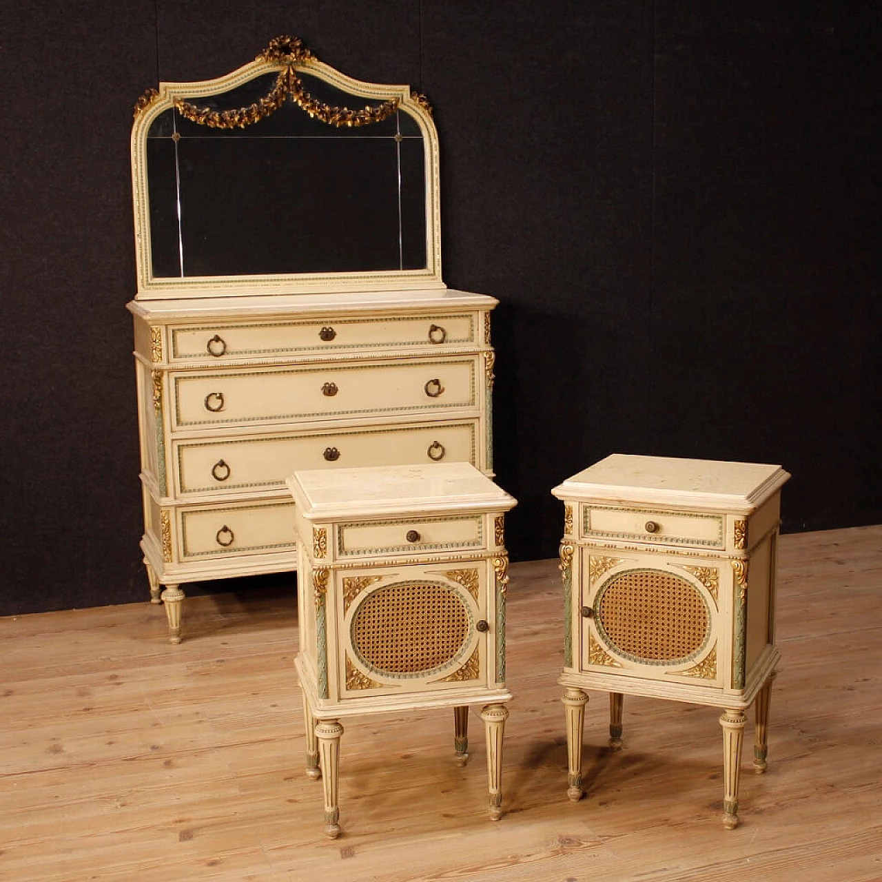 Louis XVI style lacquered and gilded wood dresser with mirror 2