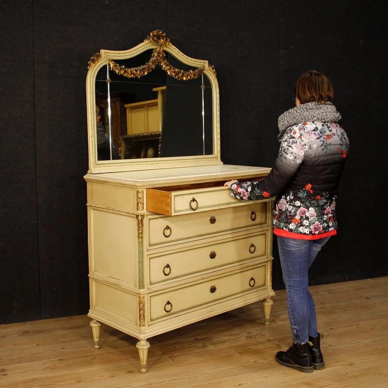 Louis XVI style lacquered and gilded wood dresser with mirror 3