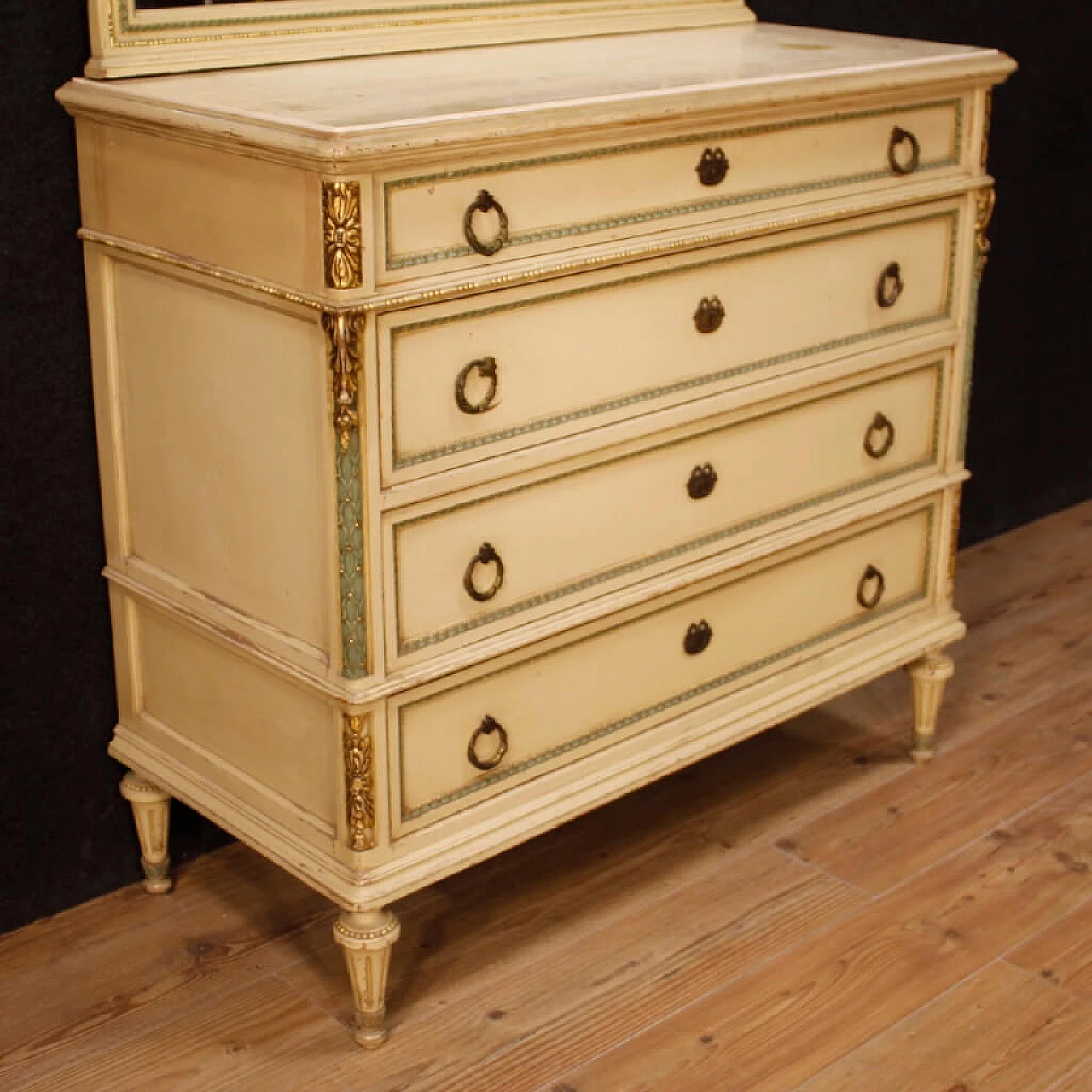 Louis XVI style lacquered and gilded wood dresser with mirror 4