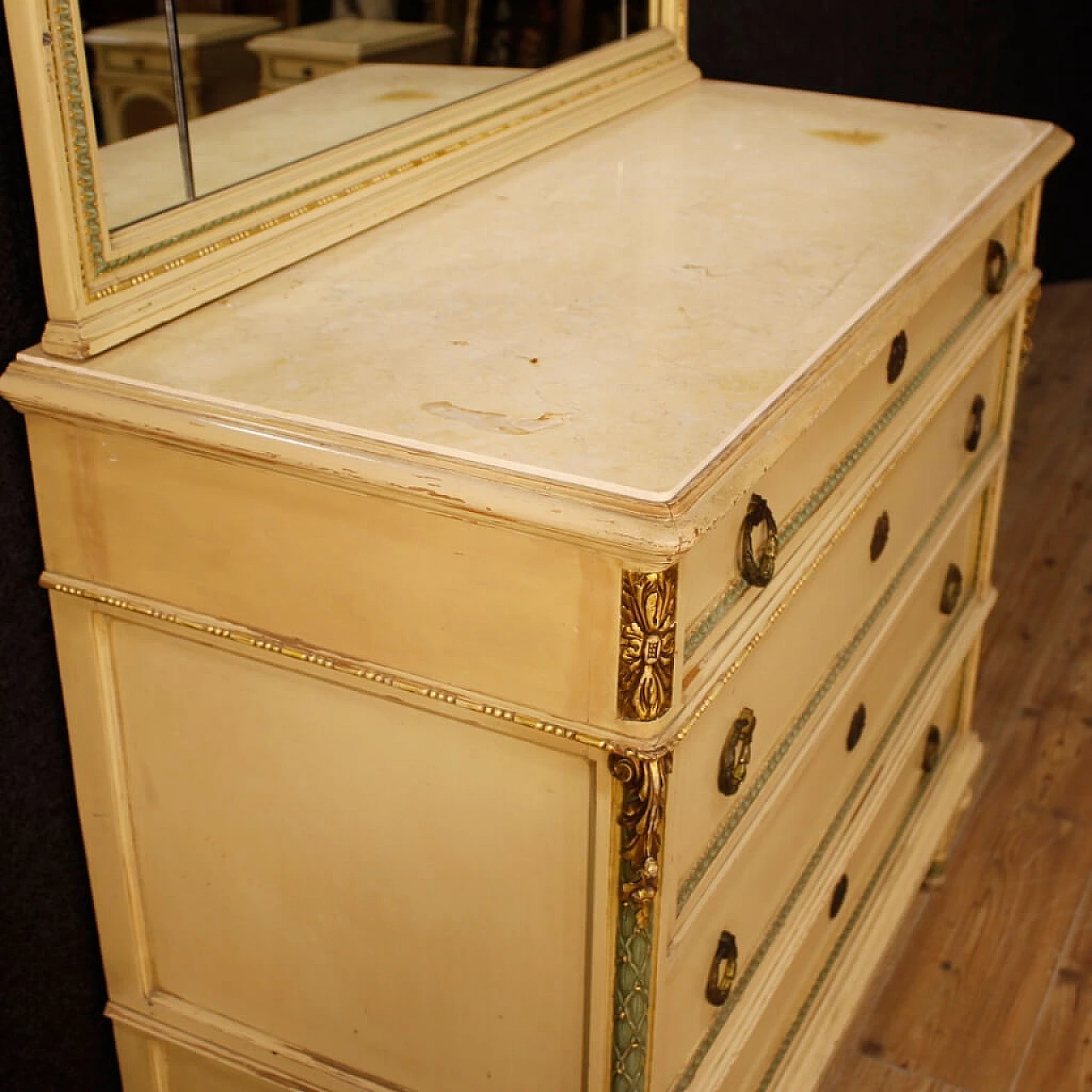 Louis XVI style lacquered and gilded wood dresser with mirror 7