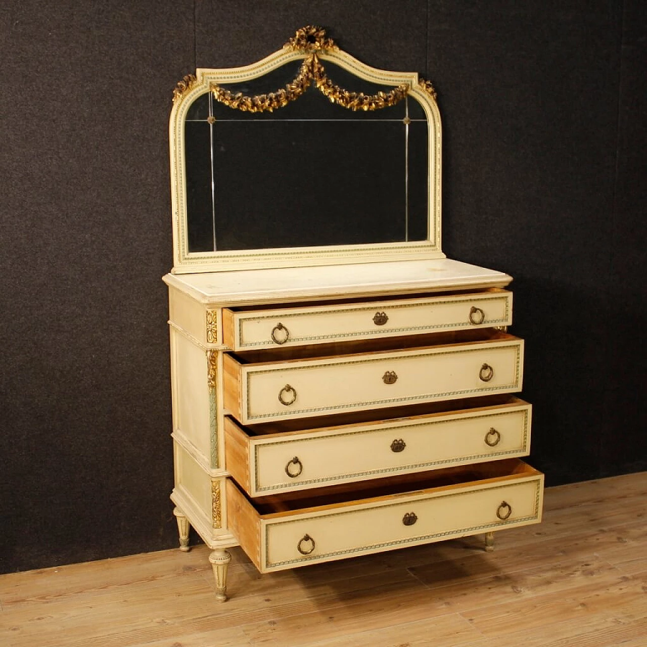 Louis XVI style lacquered and gilded wood dresser with mirror 12