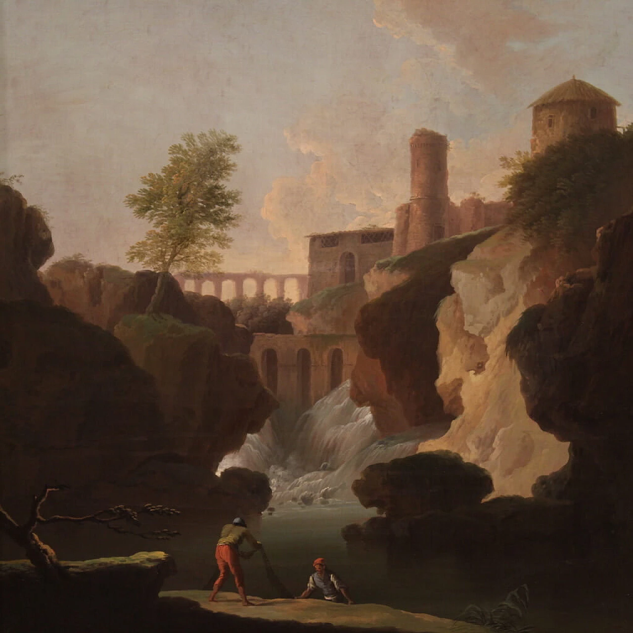 Landscape with figures and architectures, oil painting on canvas, 18th century 10
