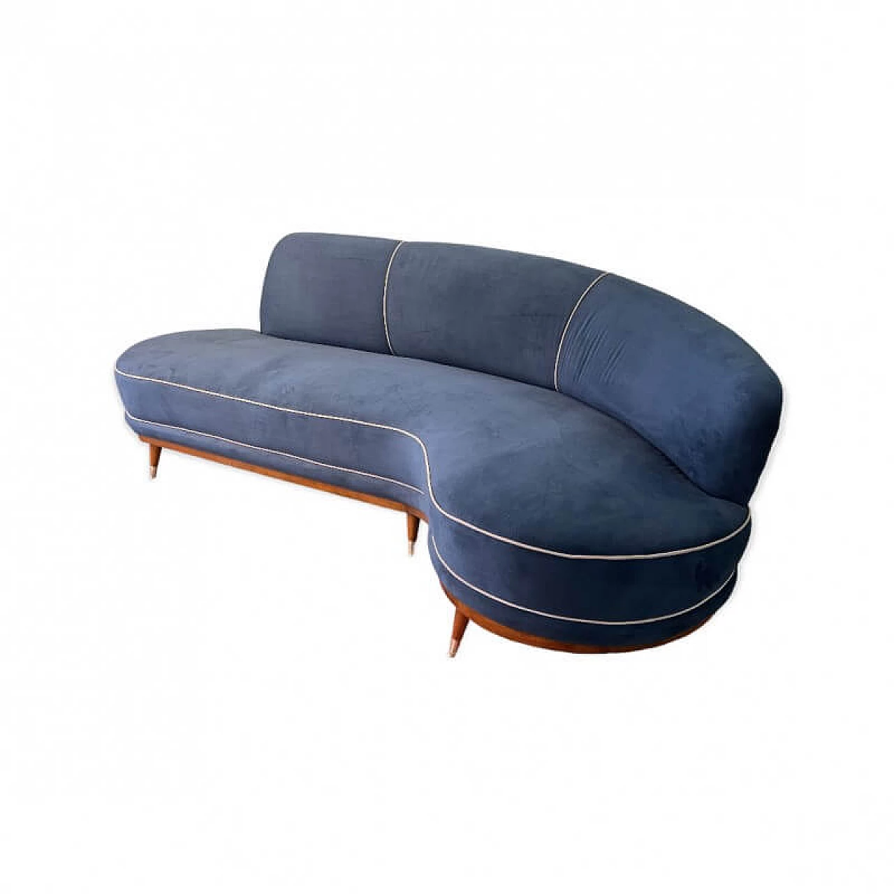 Wood and blue velvet sofa, 1950s 8