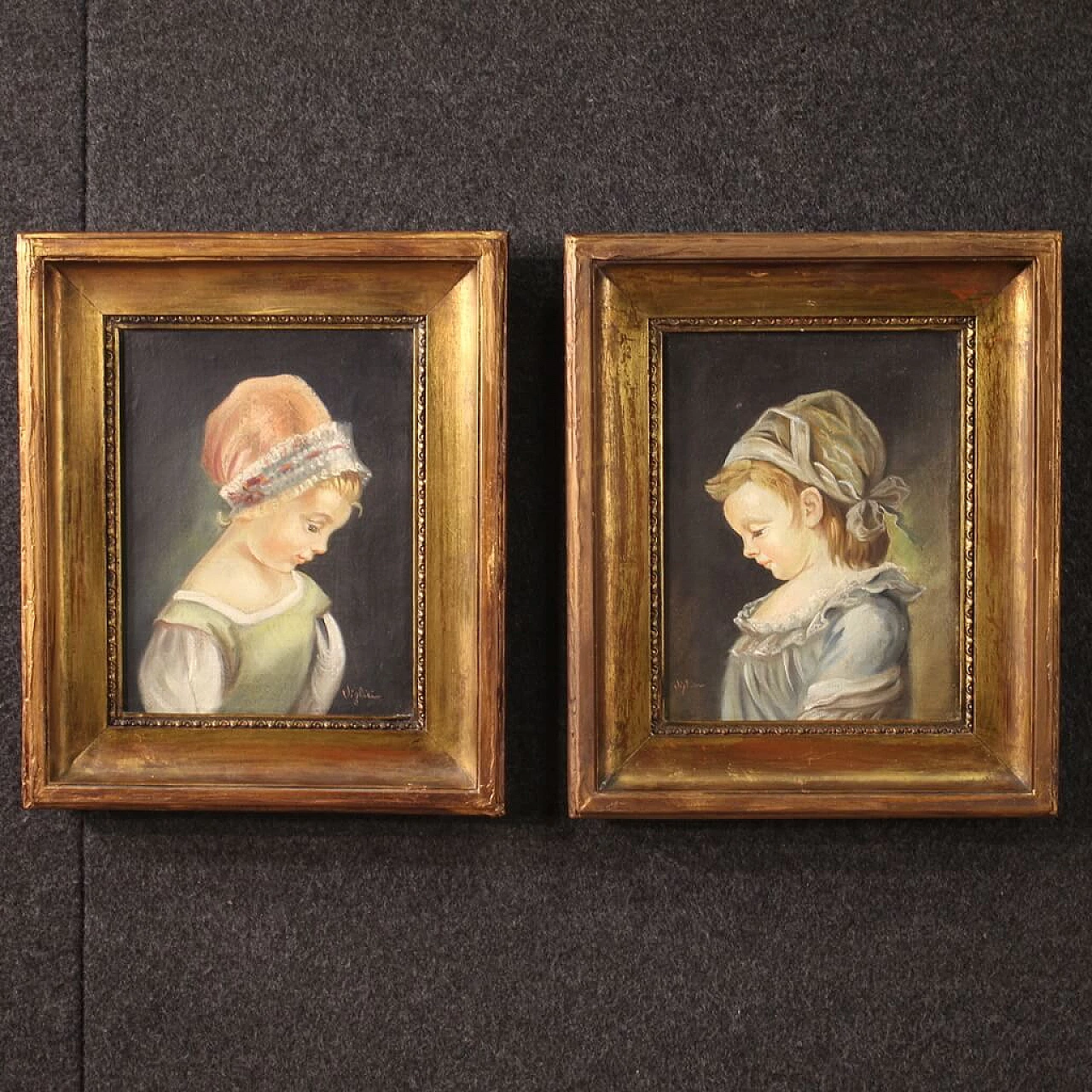 Pair of portraits of little girls, oil on canvas, 1950s 1