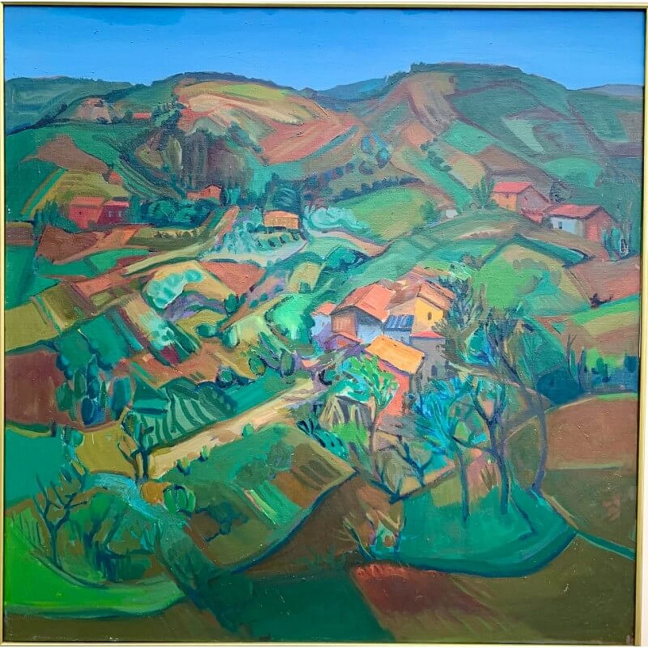 Vincenzo Balsamo, paesaggio con colline e case, dipinto a olio su tela, 1968 1