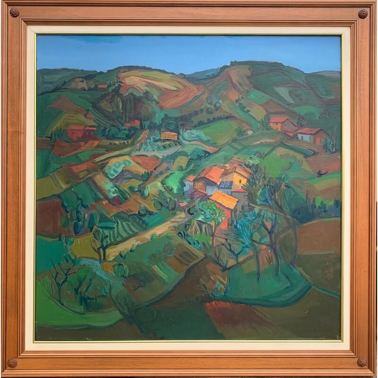 Vincenzo Balsamo, paesaggio con colline e case, dipinto a olio su tela, 1968 3