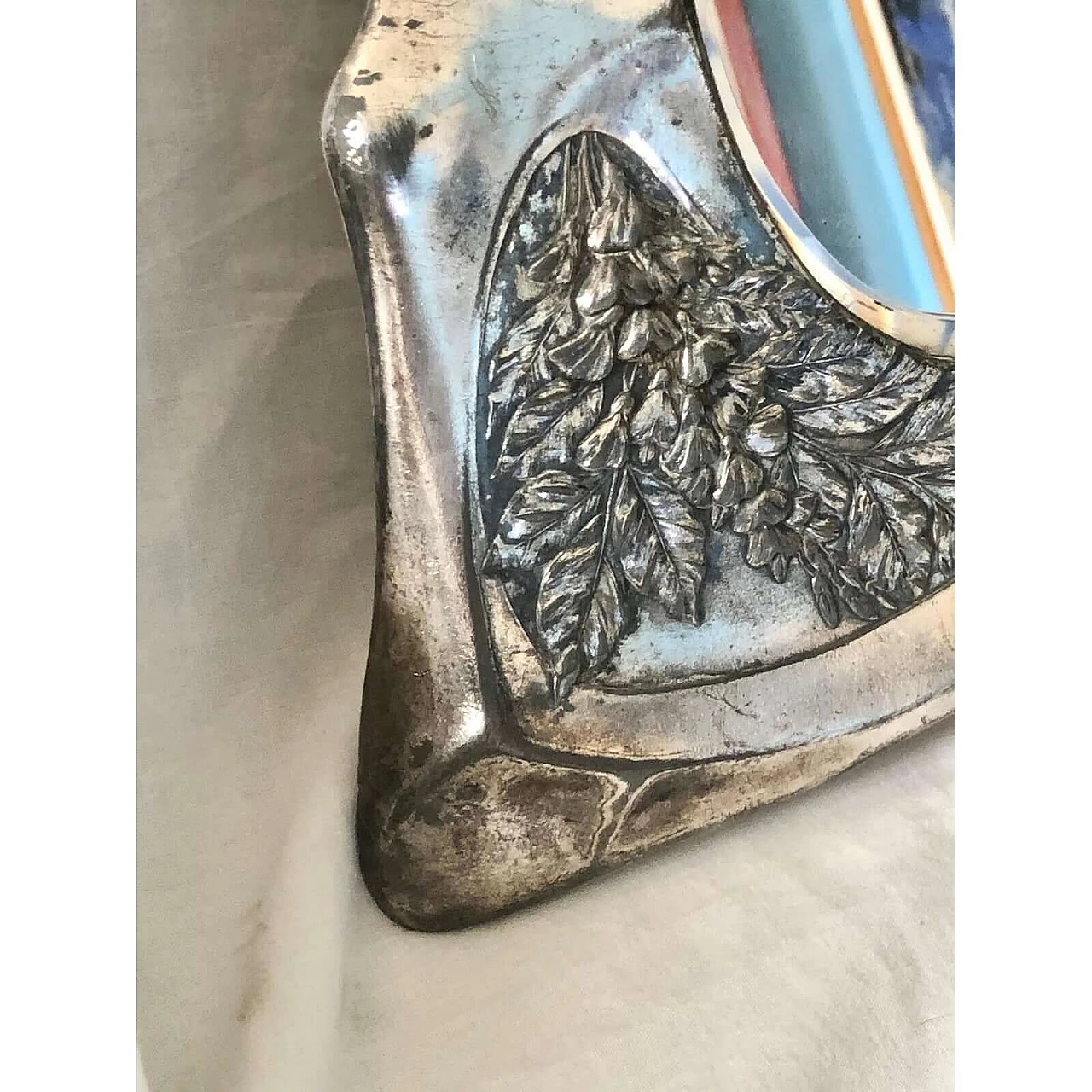 Specchio da tavolo Art Nouveau in metallo e vetro argentato, anni '20 6