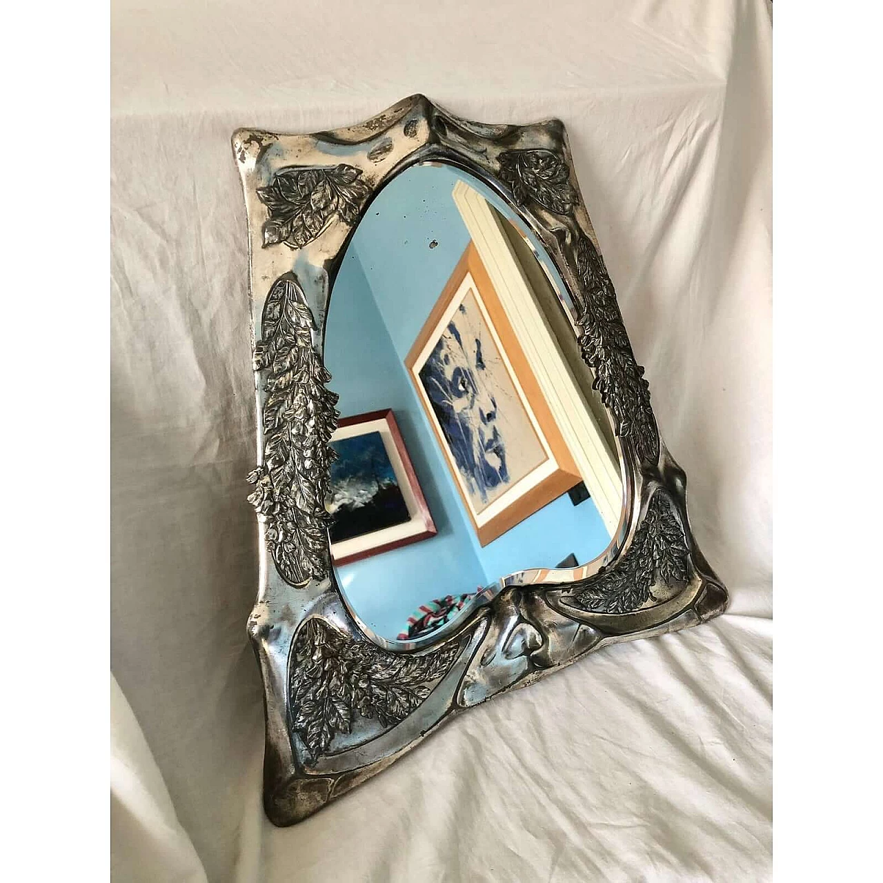 Specchio da tavolo Art Nouveau in metallo e vetro argentato, anni '20 13