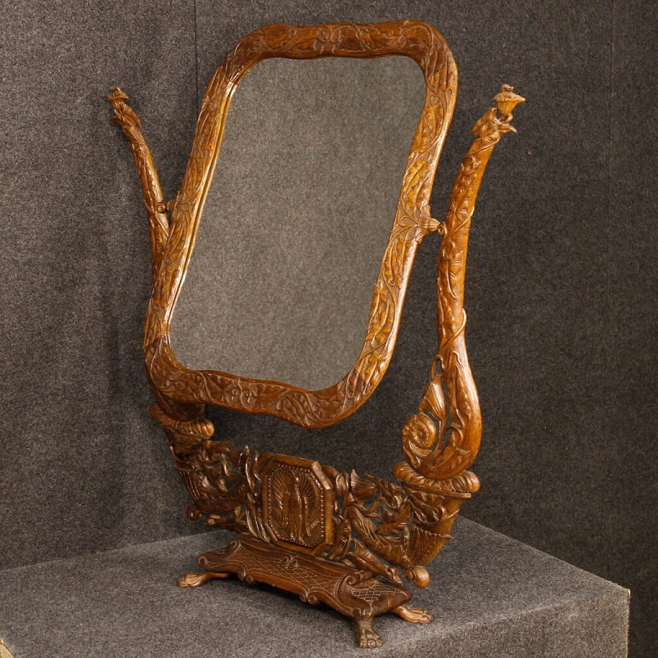 Carved and chiselled beechwood mirror in Art Nouveau style, 1960s 6