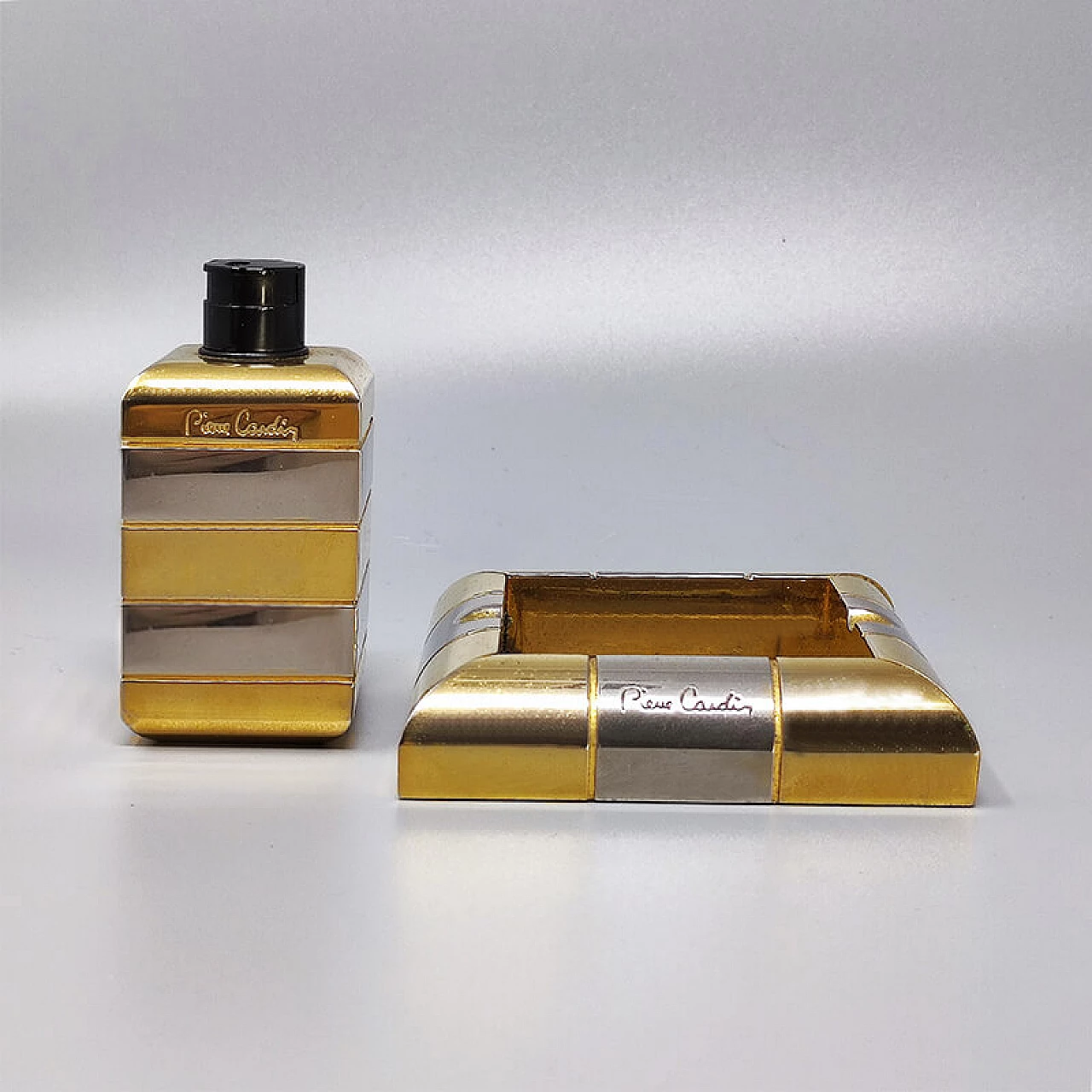 Brass and metal table lighter and ashtray by Pierre Cardin, 1970s 1