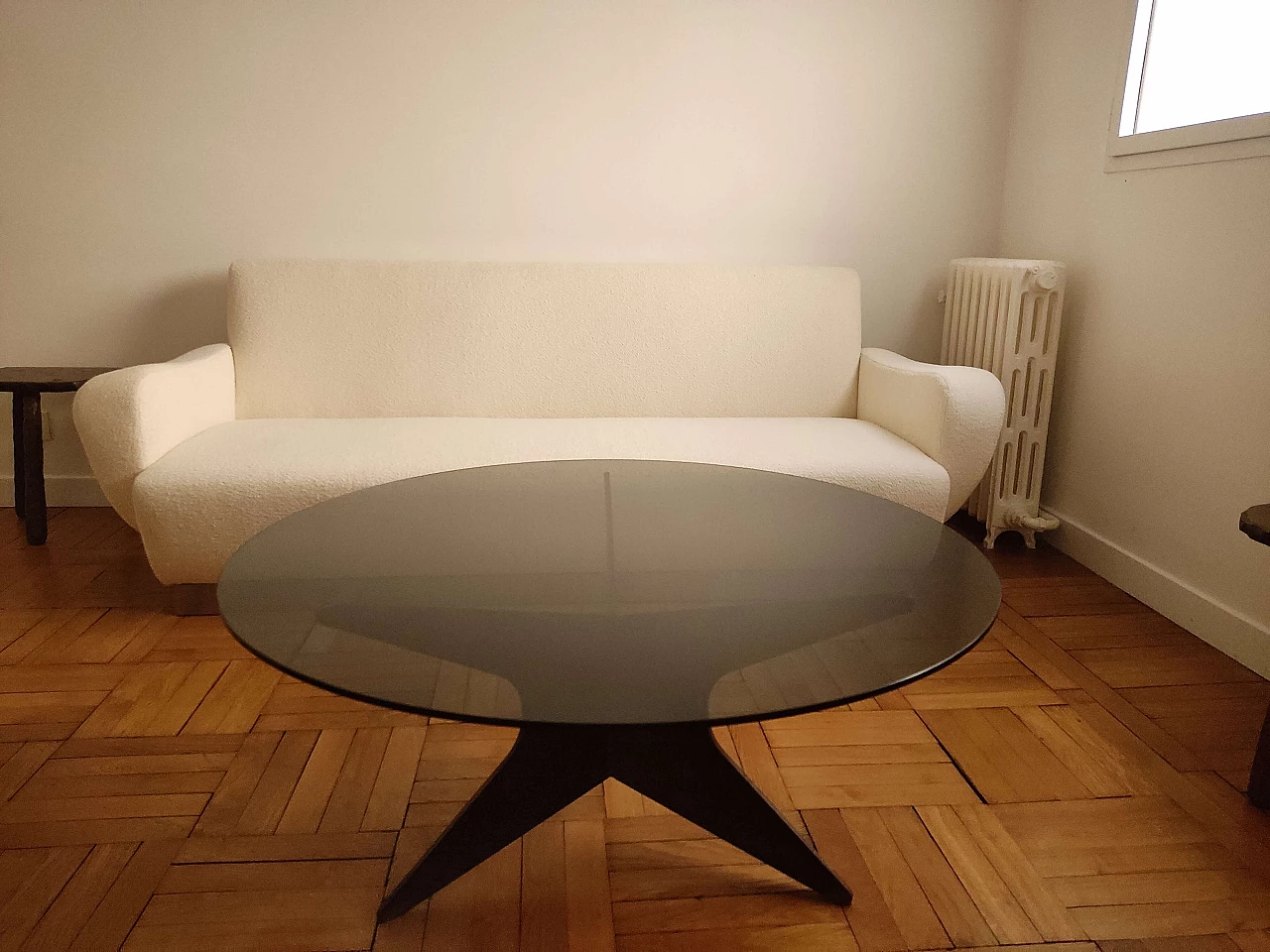 Coffee table with patinated iron base and glass top, 1960s 1