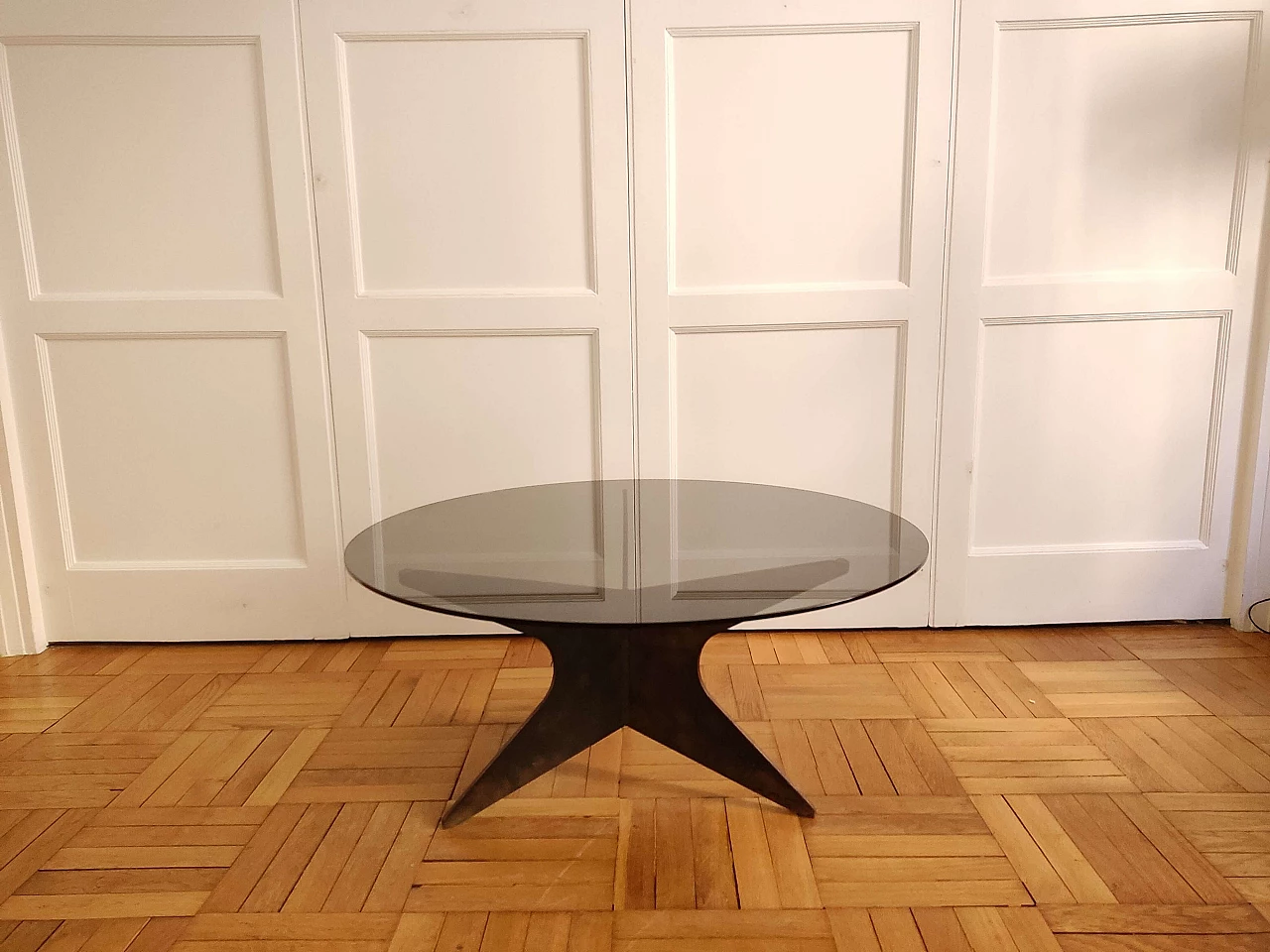 Coffee table with patinated iron base and glass top, 1960s 4