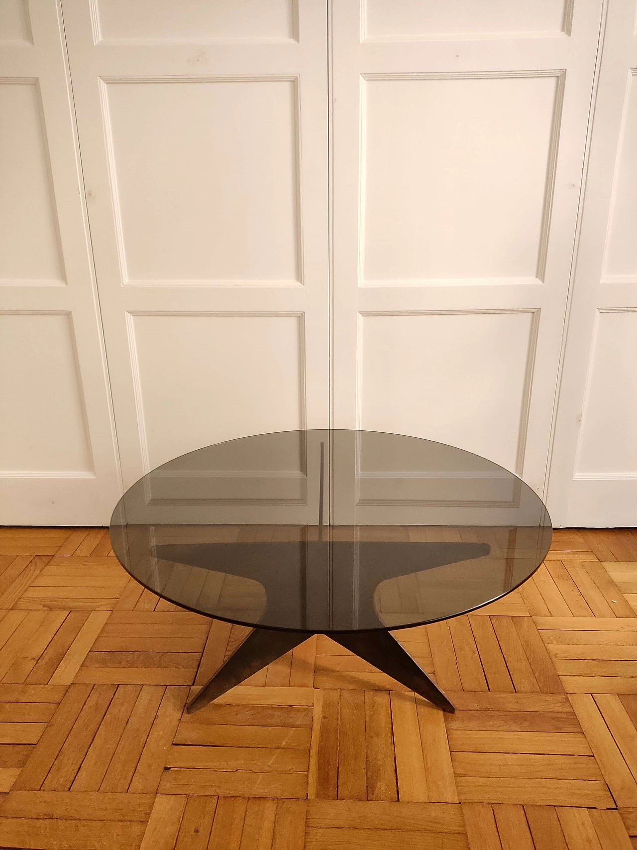 Coffee table with patinated iron base and glass top, 1960s 5