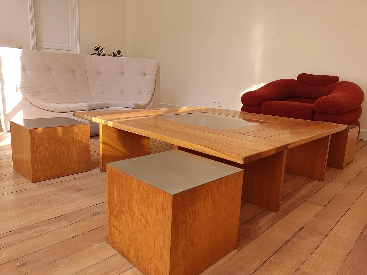 Wood, steel and glass coffee table with four stools by Tecno, 1970s 8