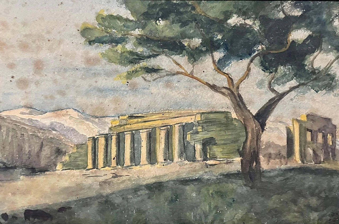 Landscape with tree and ruins, watercolor on paper, late 19th century 3