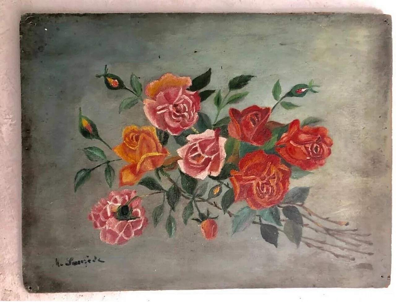 Rose, dipinto a olio su tavoletta, fine '800 1