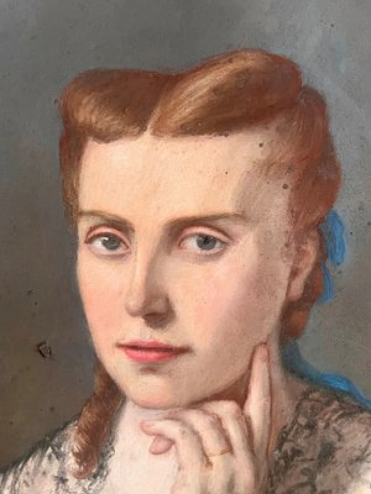 Ritratto di signora in abito blu, olio su tela ovale, '700 4