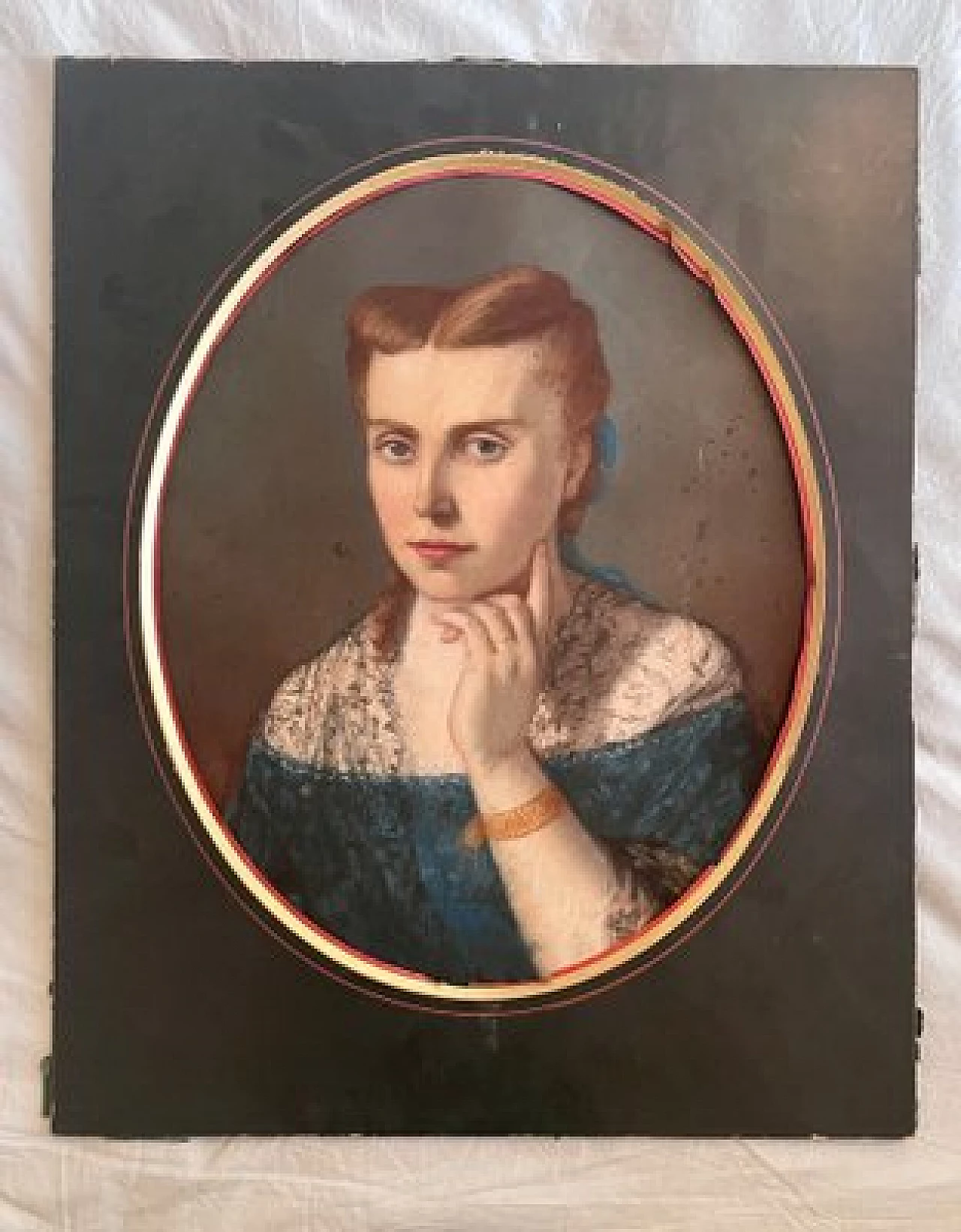 Ritratto di signora in abito blu, olio su tela ovale, '700 6