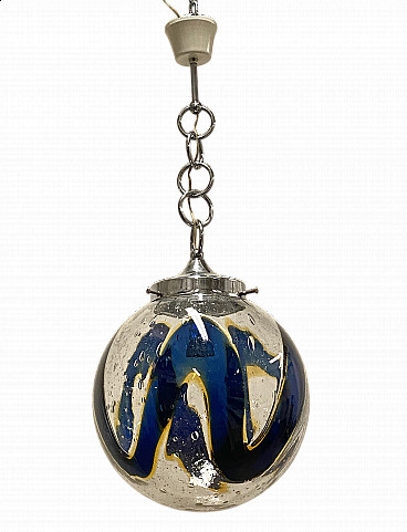 Blue, yellow and transparent Murano glass spherical chandelier, 1970s