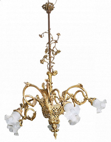 Six-light bronze and glass chandelier, early 20th century
