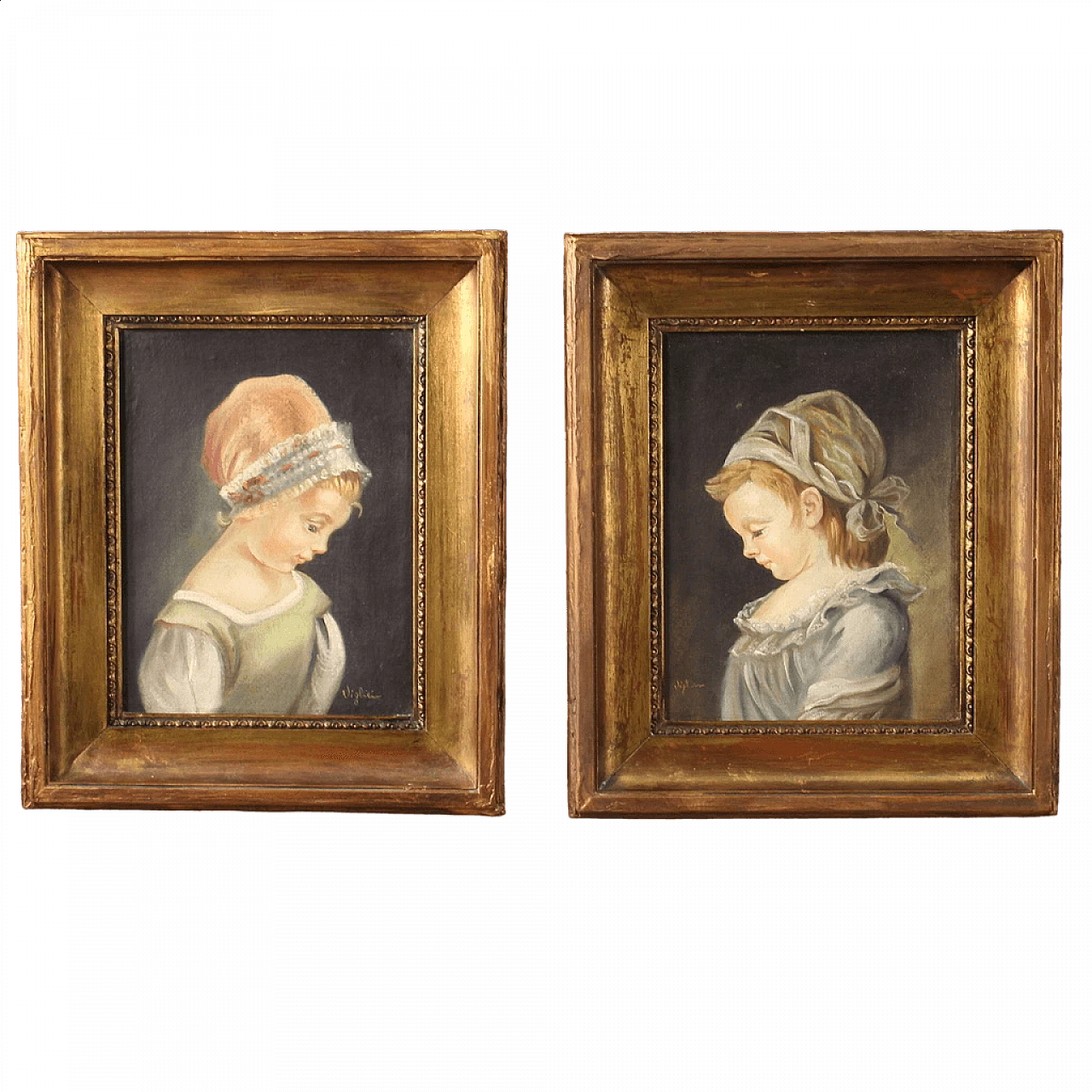 Pair of portraits of little girls, oil on canvas, 1950s 13