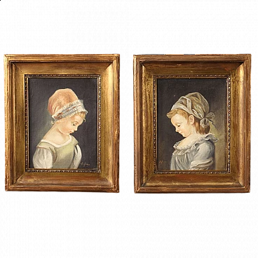 Pair of portraits of little girls, oil on canvas, 1950s