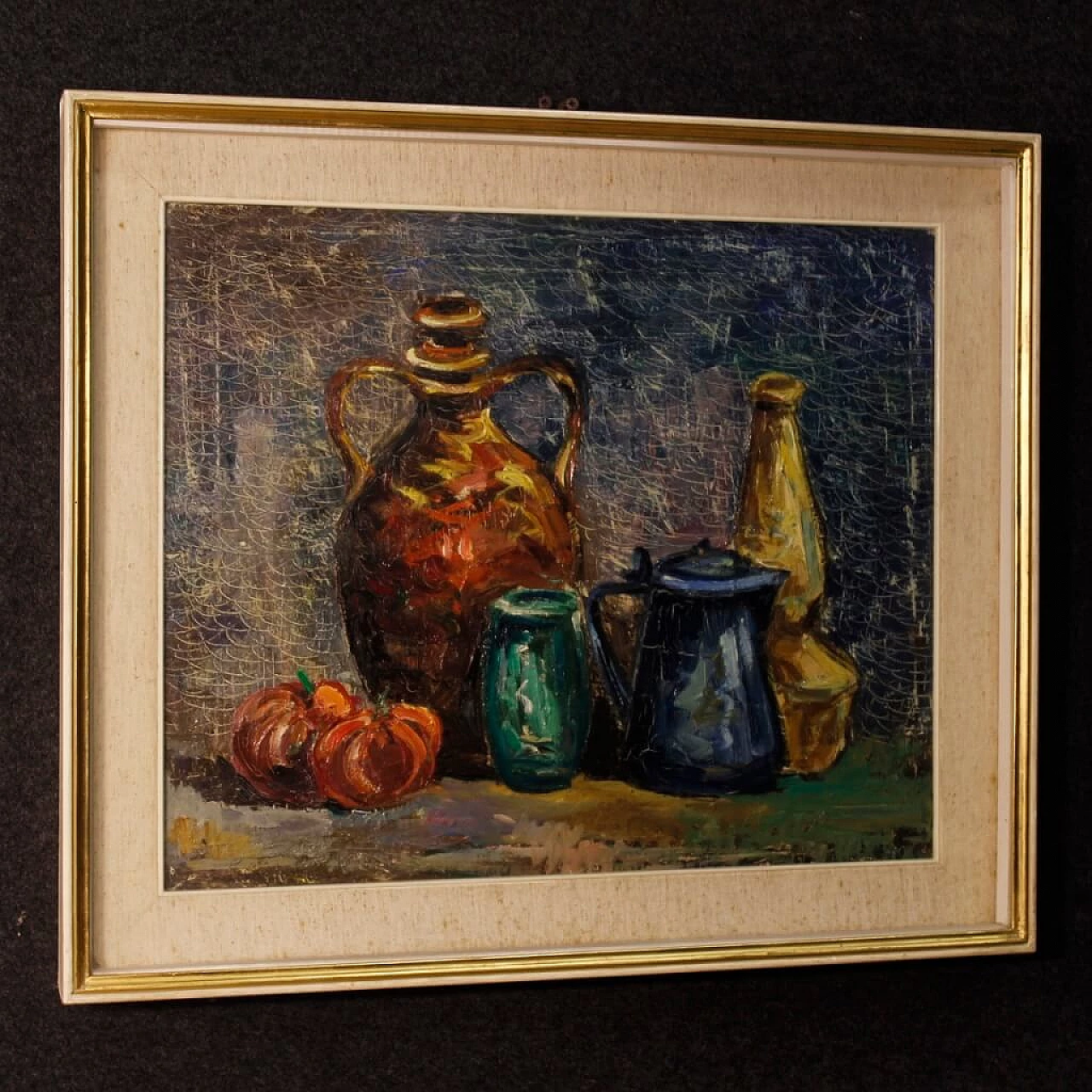 Natura morta con oggetti e pomodori, dipinto a olio su tela 2