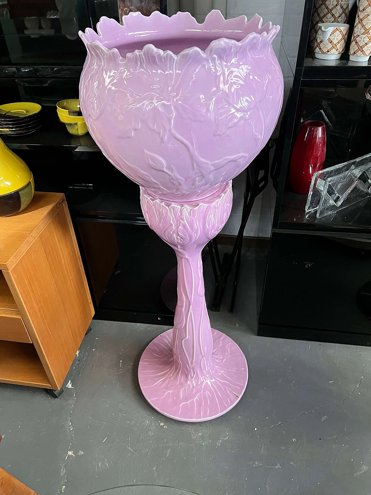 Fioriera Liberty in ceramica rosa, anni '30 2