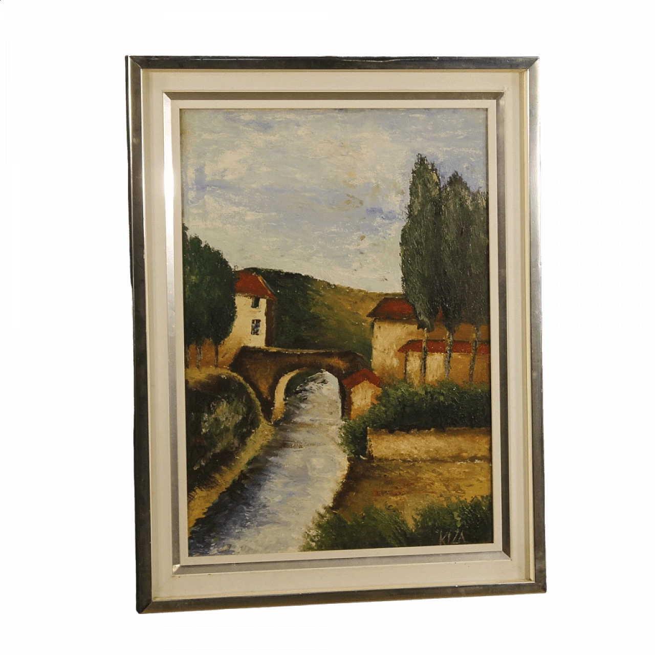 Paesaggio con fiume, ponte e case, dipinto a olio su tela 13