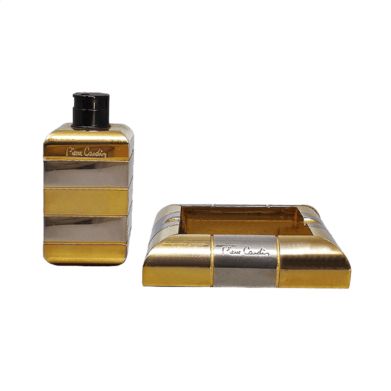 Brass and metal table lighter and ashtray by Pierre Cardin, 1970s 10